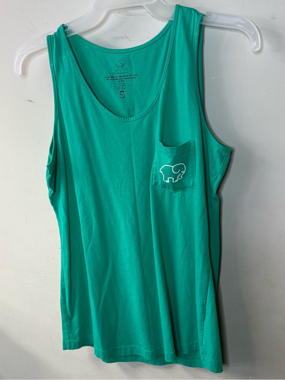 Ivory Ella ladies small, green Tank. Elephant screen print front & back